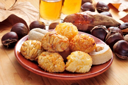 panellets and roasted chestnuts and sweet potatoes, a typical dish of Catalonia, Spain, in All Saints Day